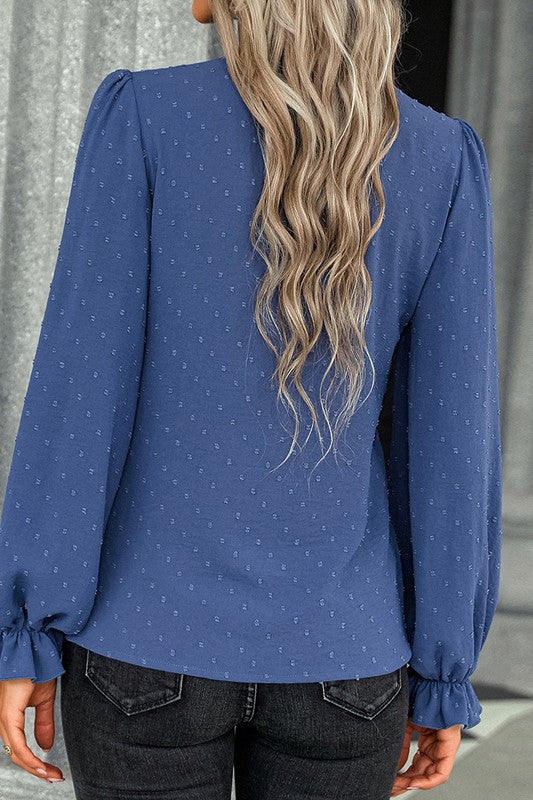 Textured Dotted Bow Tie Button Blouse