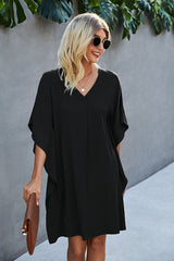 Vneck Dolman Sleeves Pleat Front Shift Dress