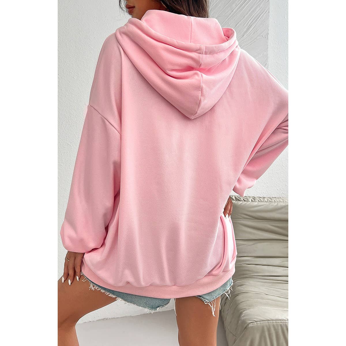 Solid Drawstring Pocket Drop Shoulder Loose Hoodie