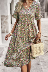 Floral Print Fit Ruffle Sleeve Midi Dress