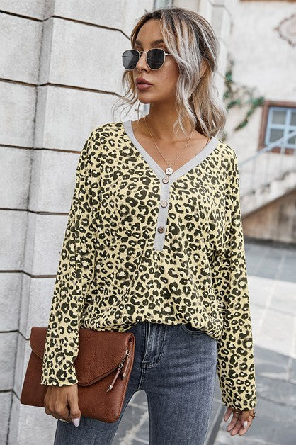 Leopard Print V Neck Button Up Top