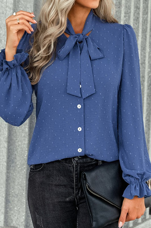 Textured Dotted Bow Tie Button Blouse