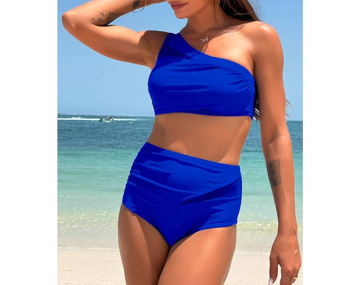 Two Pieces One Shoulder Lace Fit Solid Swimsuit | Two Piece Swim Suit - Women's | 2 piece set, new arrival, pending, swimsuit | Elings