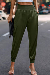 Elastic High Waist Solid Pocket Pants