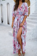 Floral Cross V Neck Belt Side Open Fit Dress - ELINGS.COM