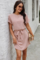 Round Neck Allover Print Belt Fit Dress