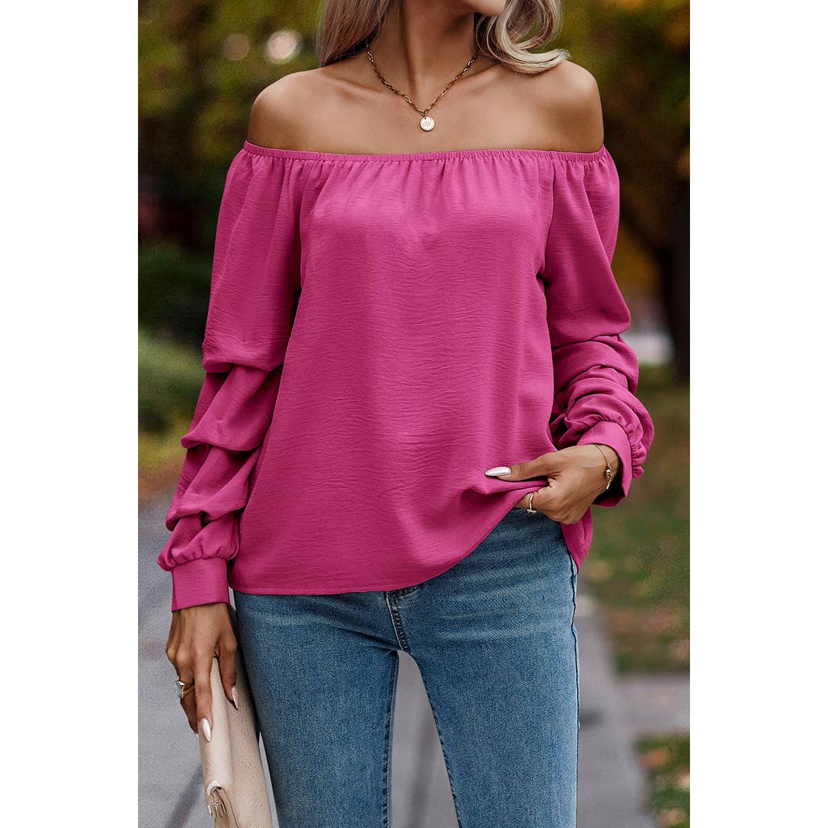 Solid Elastic Off Shoulder Ruched Loose Fit Shirt | Blouse - Women's | F, Long Sleeve, long sleeve top, new arrival, shoppe247, Top | Elings