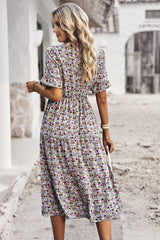 Floral Print Fit Ruffle Sleeve Midi Dress