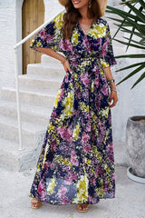 Floral Cross V Neck Belt Side Open Fit Dress - ELINGS.COM