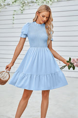 Ruffled Neck Puff Sleeve Dress