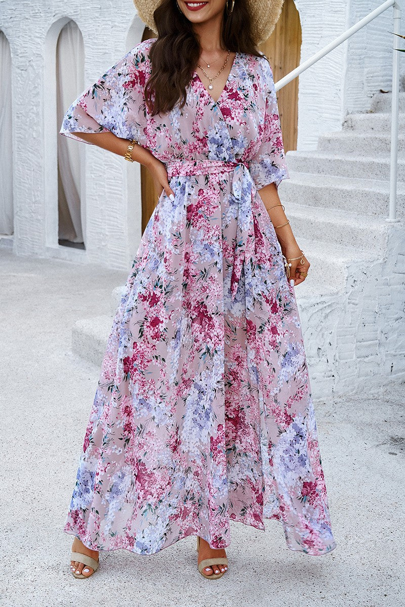 Floral Cross V Neck Belt Side Open Fit Dress - ELINGS.COM