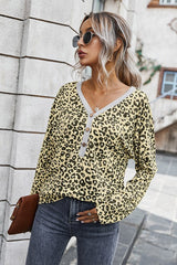 Leopard Print V Neck Button Up Top