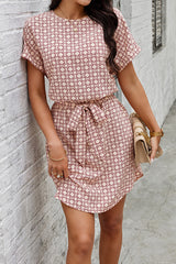 Round Neck Allover Print Belt Fit Dress