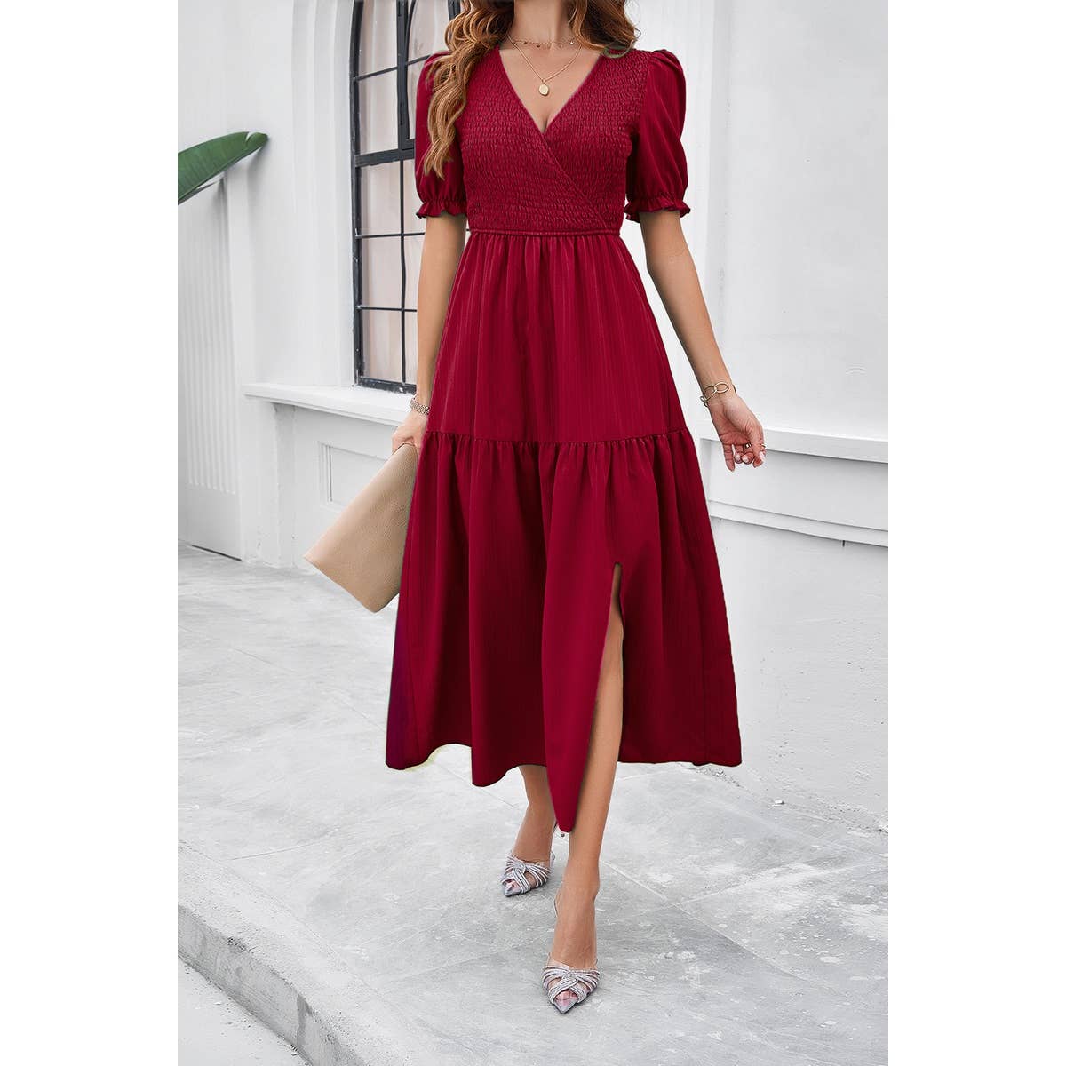 Solid V Neck Ruched High Waist Puff Sleeve Dress | Dress - Women's | Dress, F, midi dress, new arrival, shoppe247 | Elings