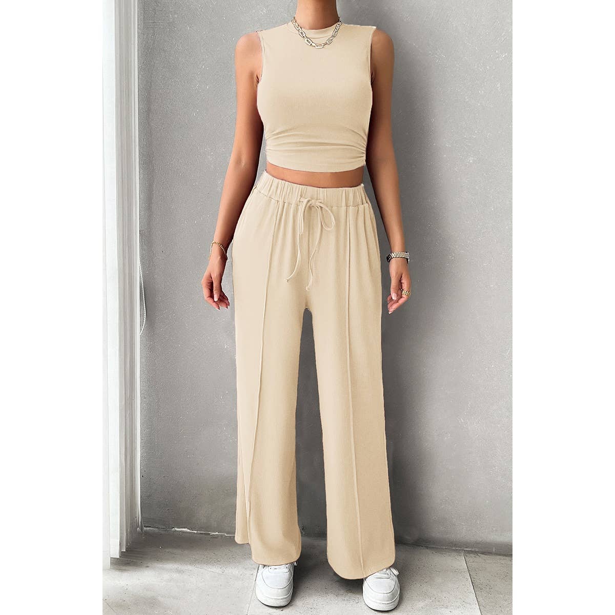 Solid Round Neck Sleeveless Drawstring Pockets Set | Top & Short Set (NOT Loungewear) - Women's | basic, new arrival, pending, Sets, shopp247 | Elings