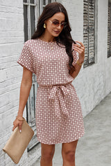 Round Neck Allover Print Belt Fit Dress