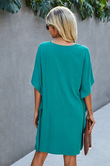 Vneck Dolman Sleeves Pleat Front Shift Dress