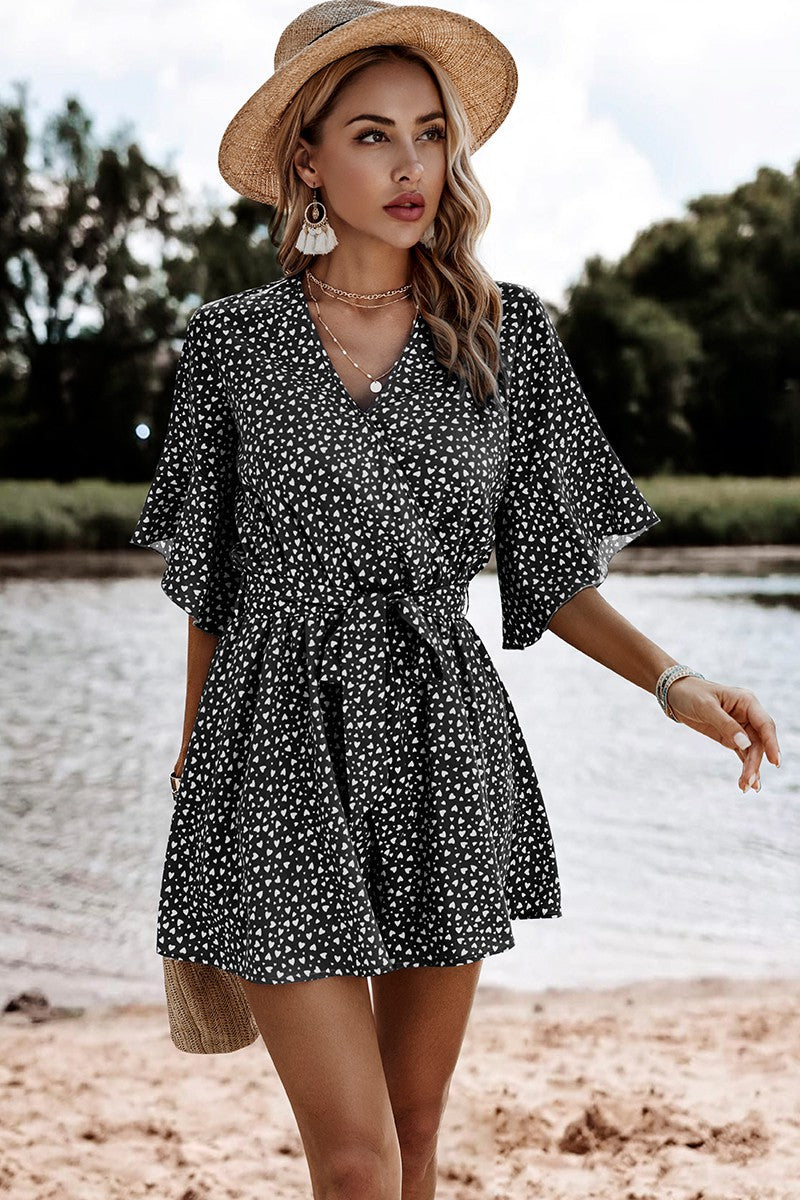 Leopard Surplice Neck Belted Ruffle Hem Romper