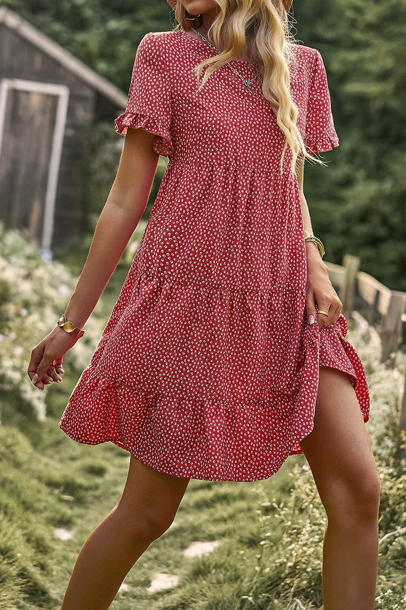 Ditsy Floral Ruffle Trims Sleeves Pockets Dress