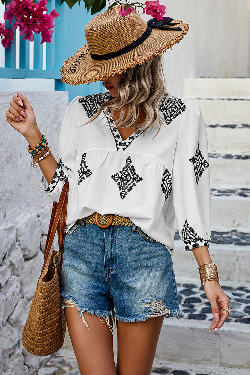 V Neck Printed Loose Fit Blouse