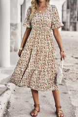 Floral Print Fit Ruffle Sleeve Midi Dress