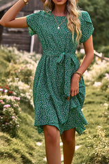 Ditsy Floral Belt Fit Short Sleeve Dress