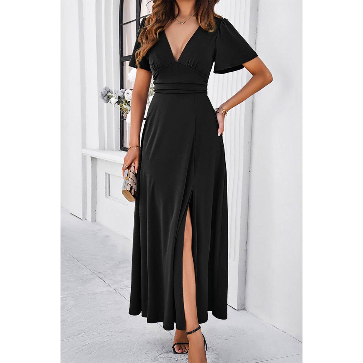 Solid Deep V Elastic Waist Fit A Line Dress | Dress - Women's | Dress, F, maxi dress, new arrival, shoppe247 | Elings