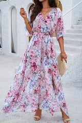 Floral Cross V Neck Belt Side Open Fit Dress - ELINGS.COM