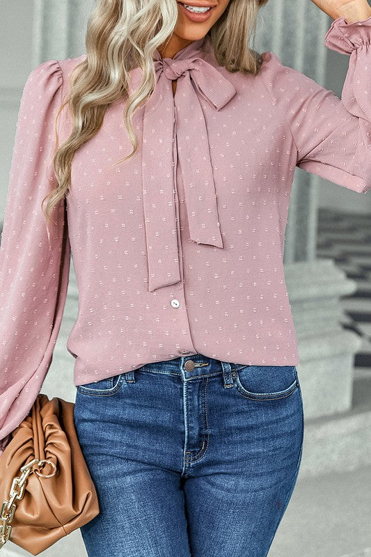 Textured Dotted Bow Tie Button Blouse