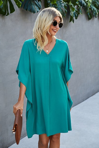 Vneck Dolman Sleeves Pleat Front Shift Dress