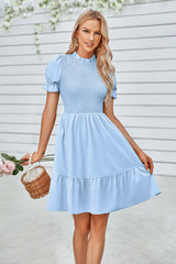 Ruffled Neck Puff Sleeve Dress