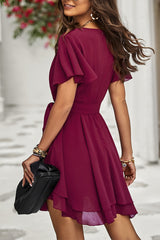 Deep V Cross Belt Fit Tiered Hem Mini Dress