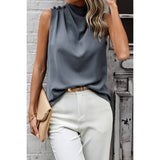 Solid Ruched Button Trim Sleeveless Loose Top | Blouse - Women's | F, new arrival, sleeveless, sleeveless top, Top | Elings