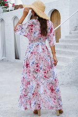 Floral Cross V Neck Belt Side Open Fit Dress - ELINGS.COM