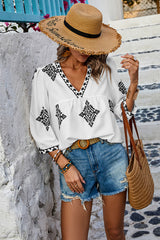 V Neck Printed Loose Fit Blouse