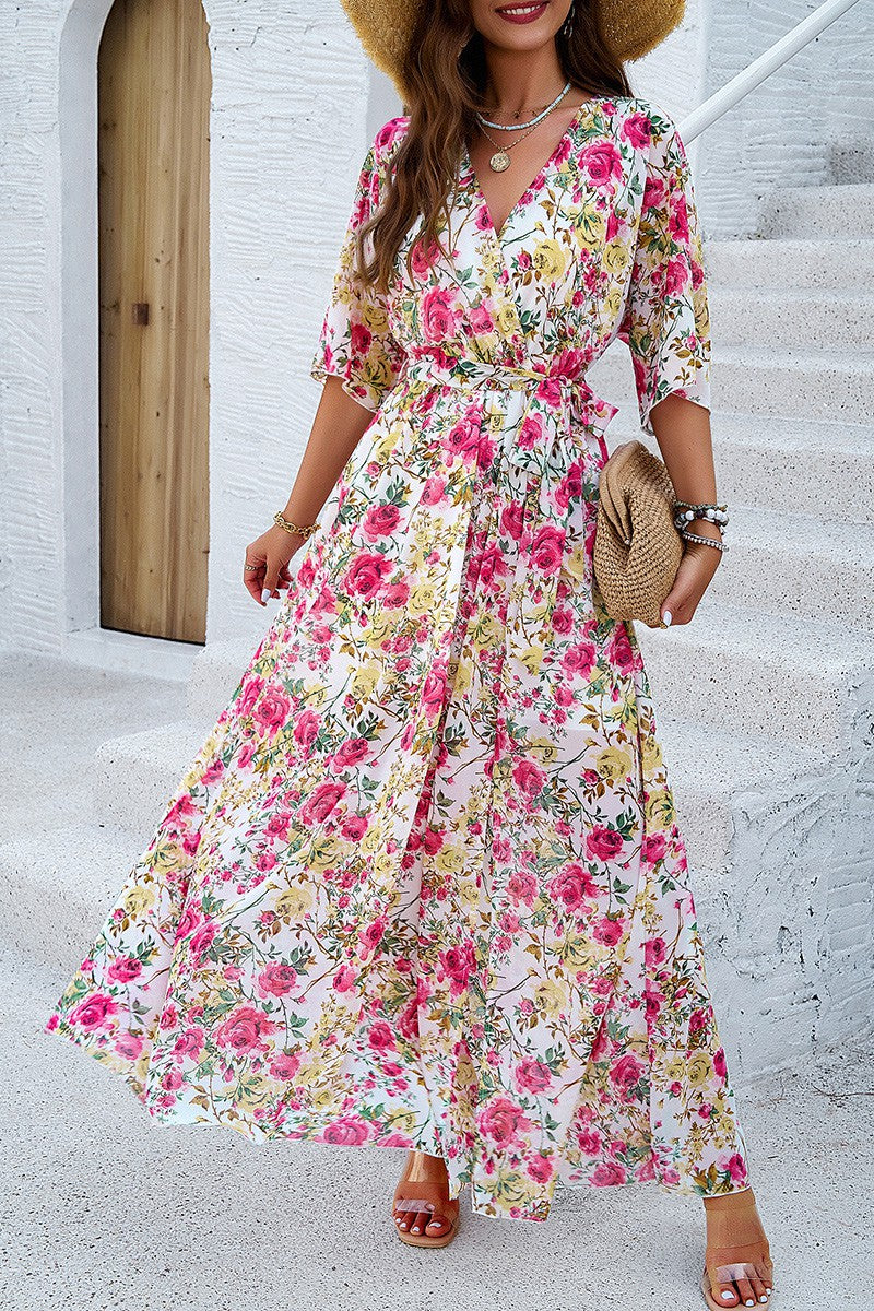 Floral Cross V Neck Belt Side Open Fit Dress - ELINGS.COM