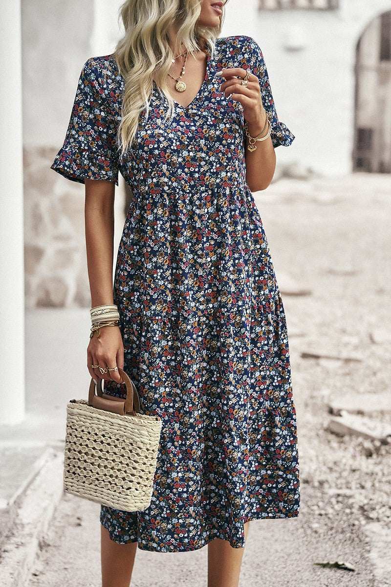 Floral Print Fit Ruffle Sleeve Midi Dress