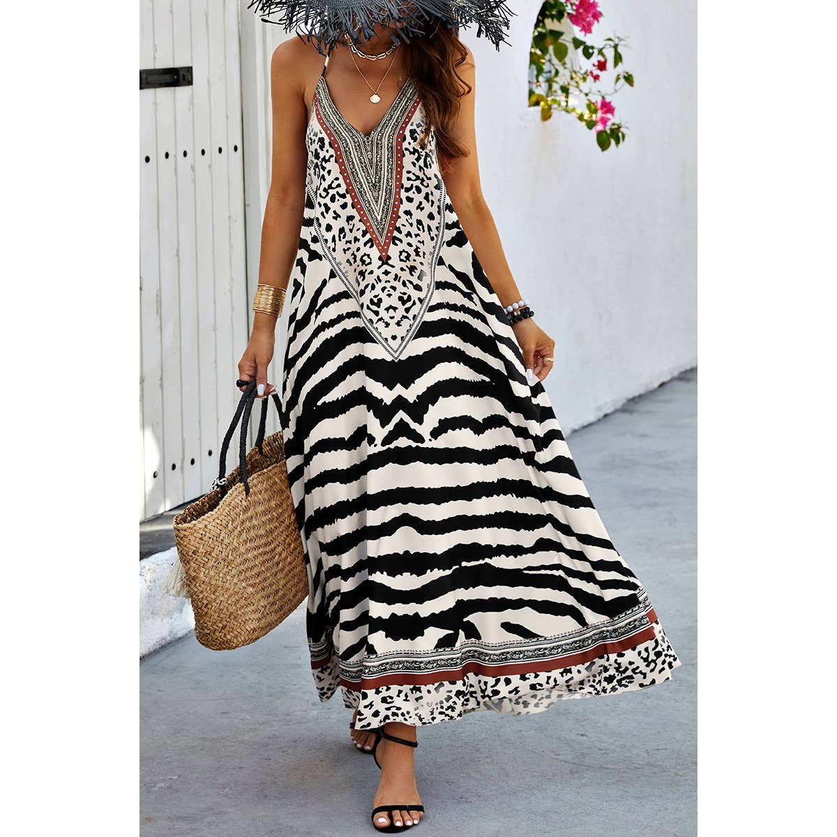 Animal Print Halter Deep V Ruffle Maxi Dress | Dress - Women's | Dress, F, maxi dress, new arrival | Elings