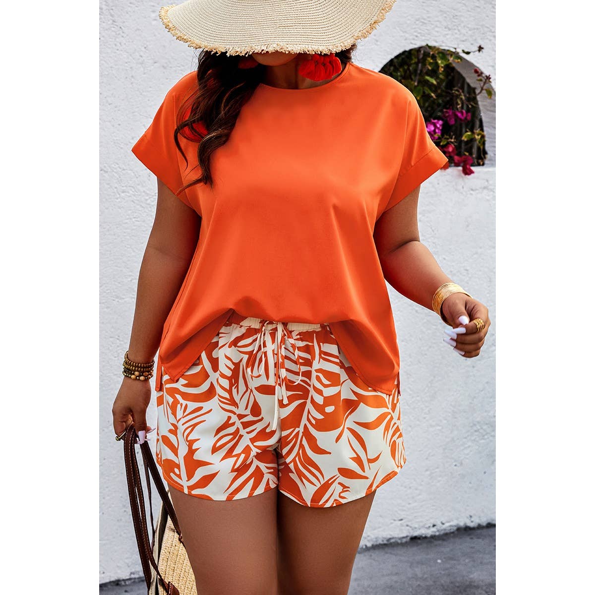 Plus Size Solid Round Neck Shirt Print Shorts Set | Top & Short Set (NOT Loungewear) - Women's | F, new arrival, pending, plus, plus sets, shoppe247 | Elings