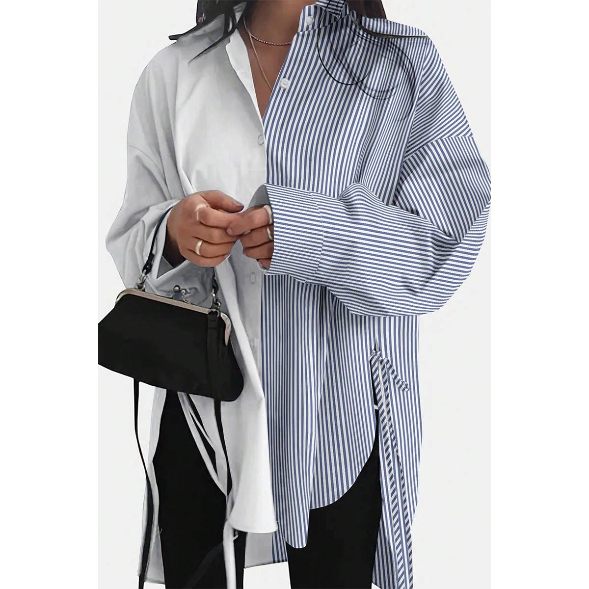 Color Block Strip Tassel Button Down Loose Blouse | Blouse - Women's | F, long sleeve top, new arrival, shoppe247, Top | Elings