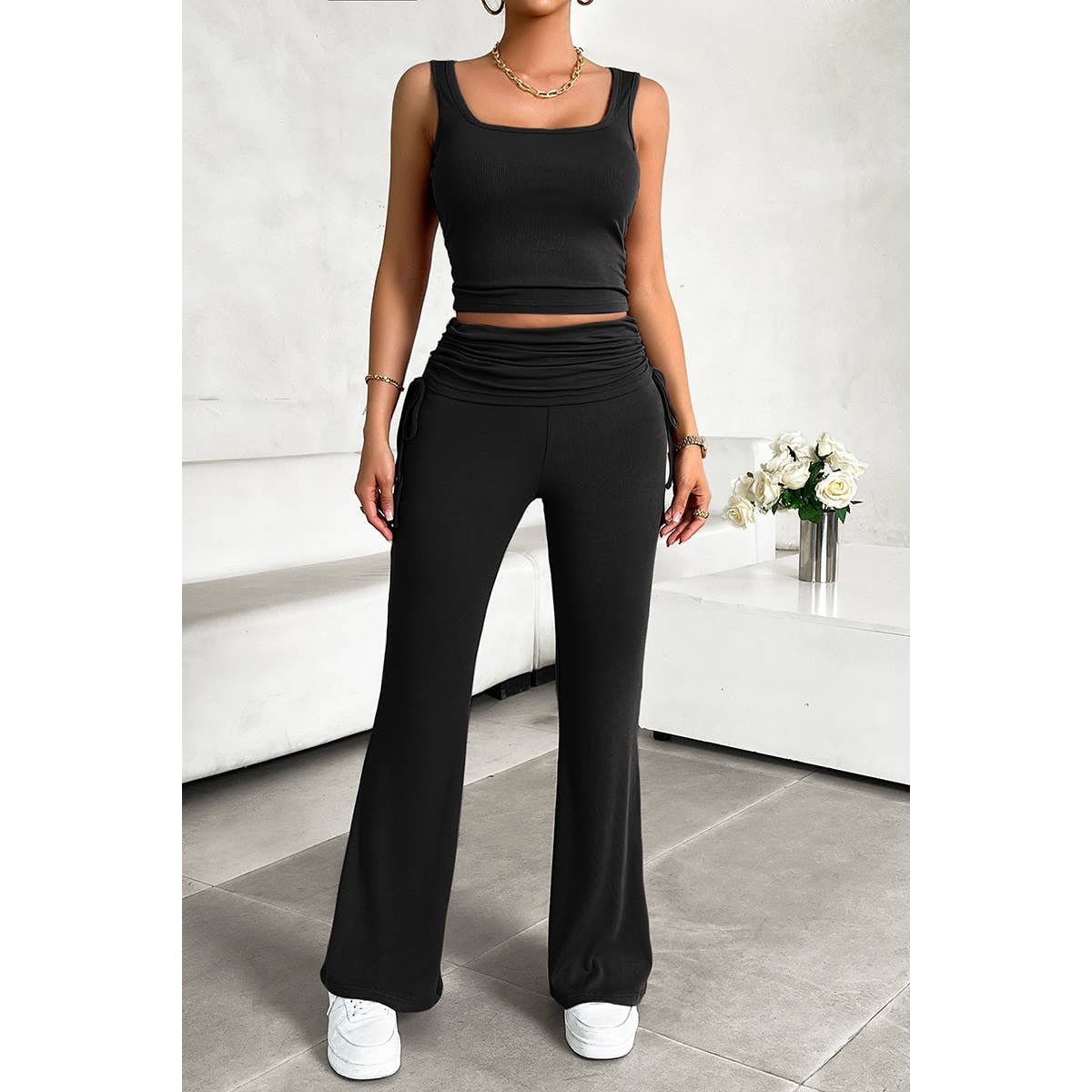 Sleeveless Square Neck Ruched Elastic Fit Sets | Top & Pant Set (NOT Loungewear) - Women's | basic, new arrival, pending, Sets, shoppe247 | Elings