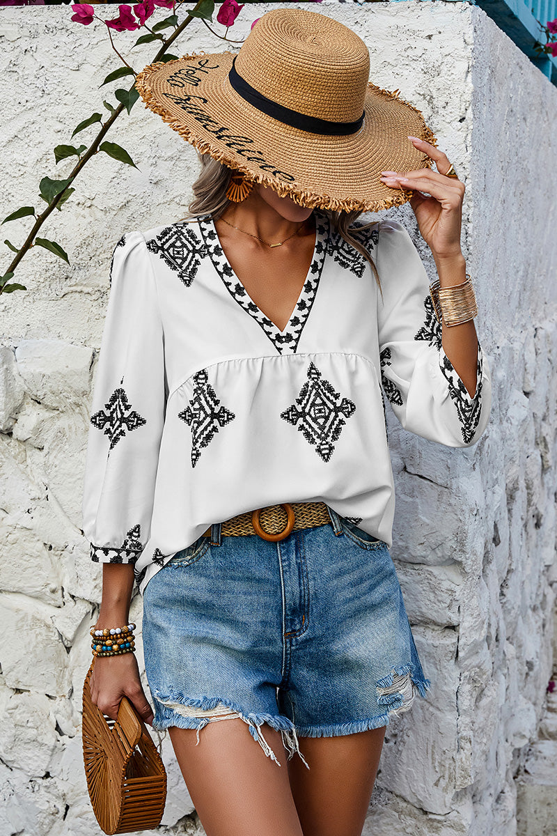 V Neck Printed Loose Fit Blouse