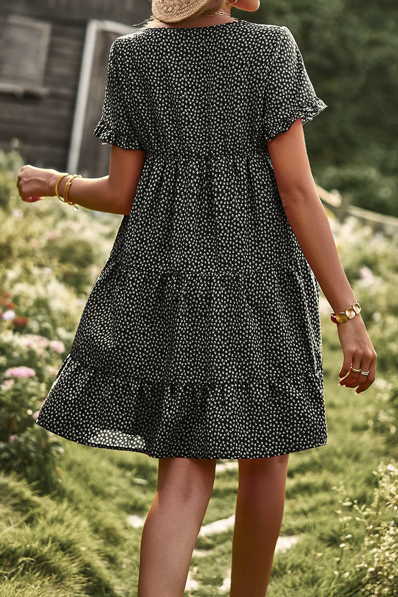 Ditsy Floral Ruffle Trims Sleeves Pockets Dress