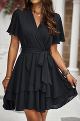 Deep V Cross Belt Fit Tiered Hem Mini Dress