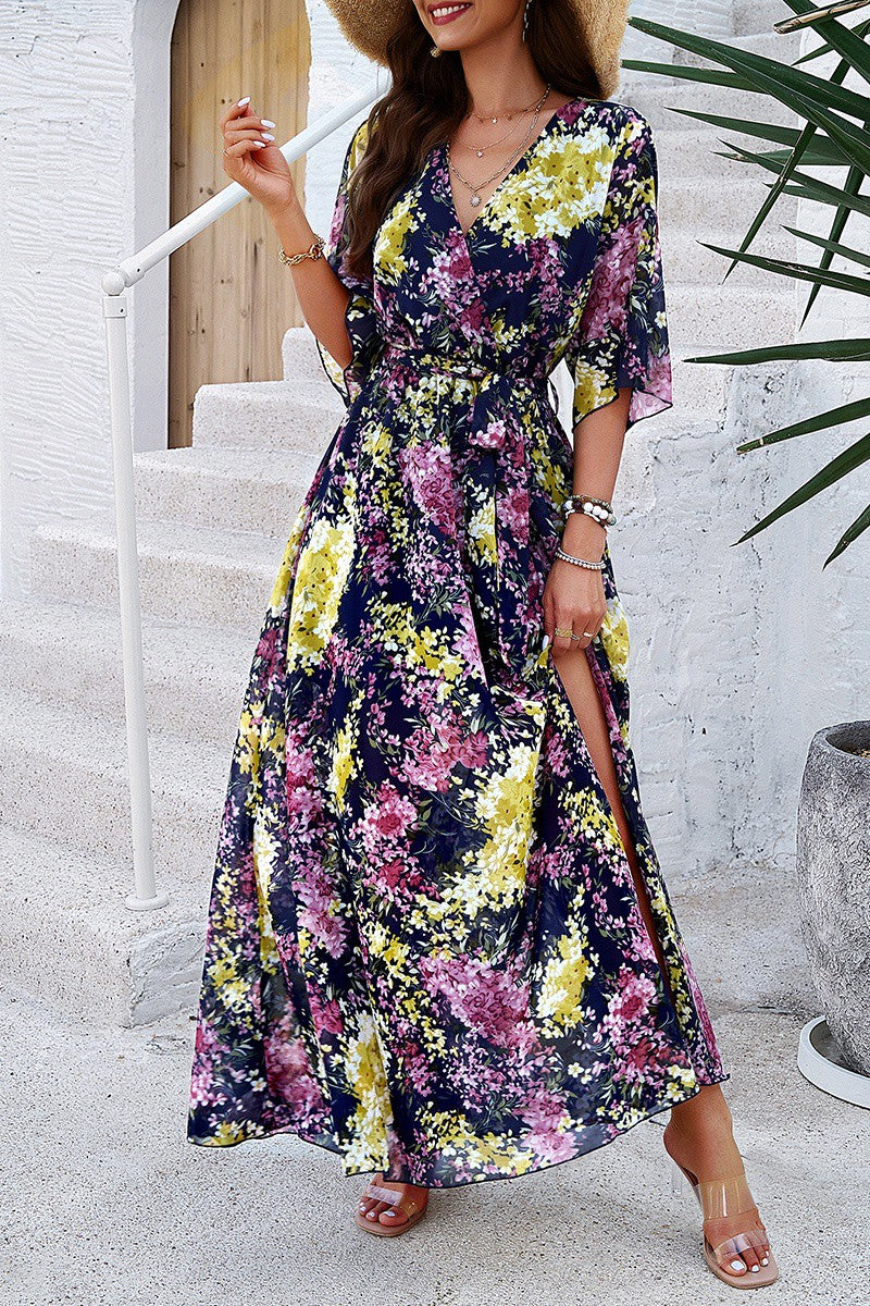 Floral Cross V Neck Belt Side Open Fit Dress - ELINGS.COM