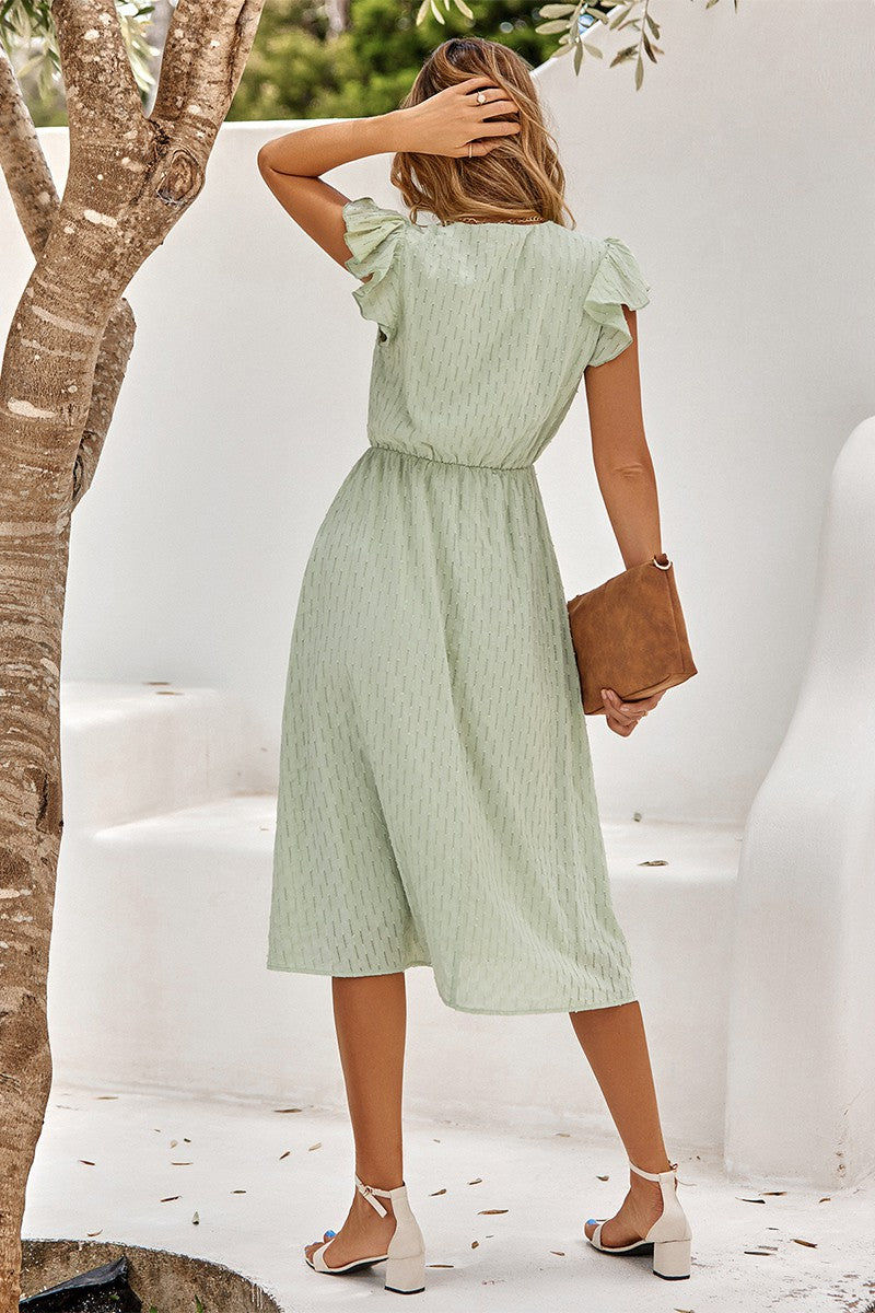 Short Flutter Sleeves Button Front Midi Dress