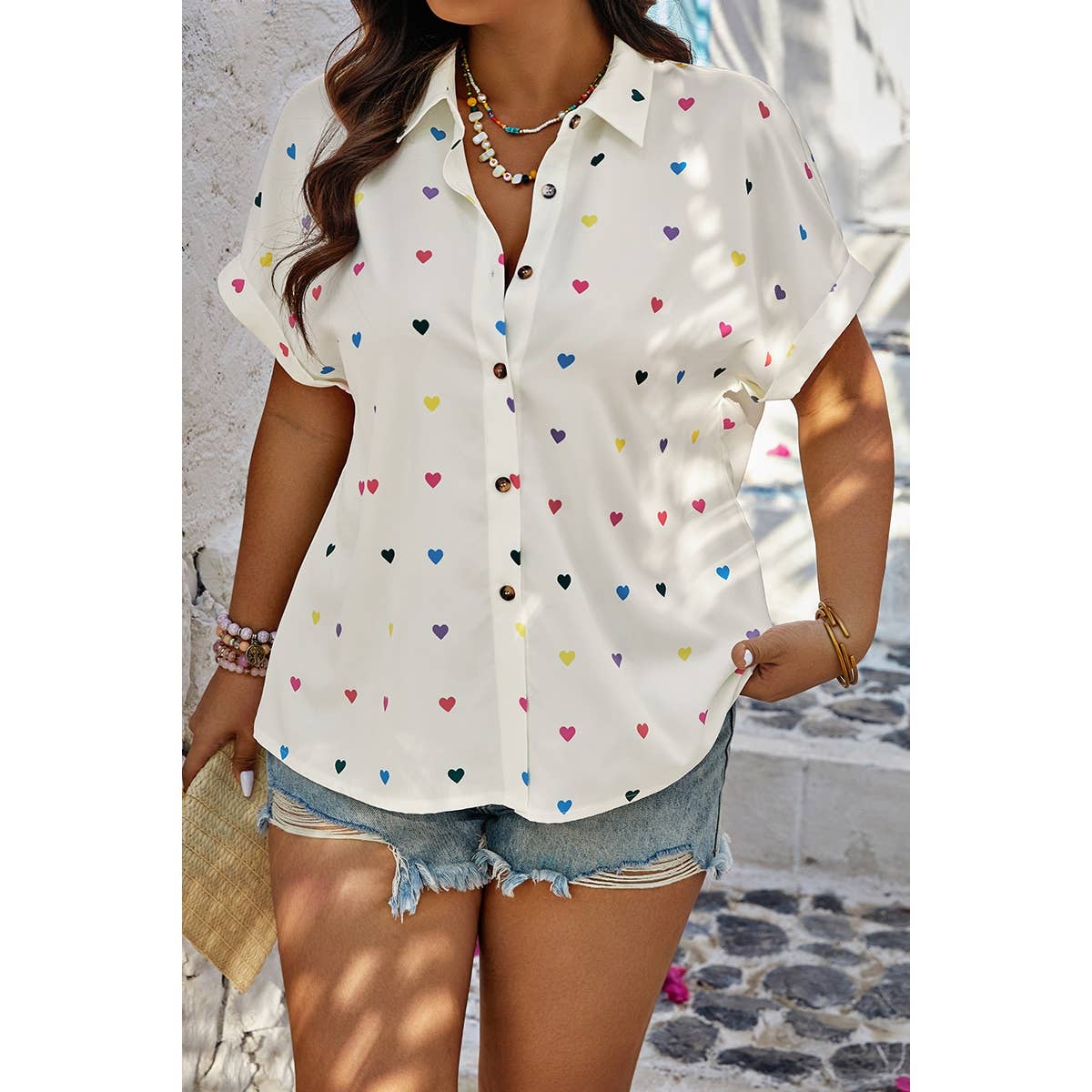 Plus Size Hearts Print Button Down Loose Blouse | Blouse - Women's | F, new arrival, plus, Plus tops | Elings