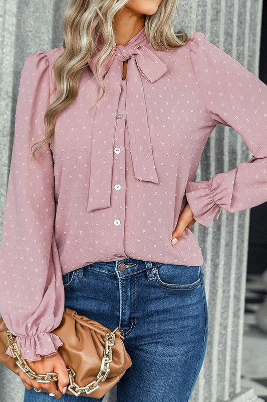 Textured Dotted Bow Tie Button Blouse