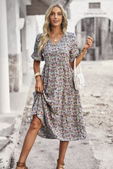 Floral Print Fit Ruffle Sleeve Midi Dress