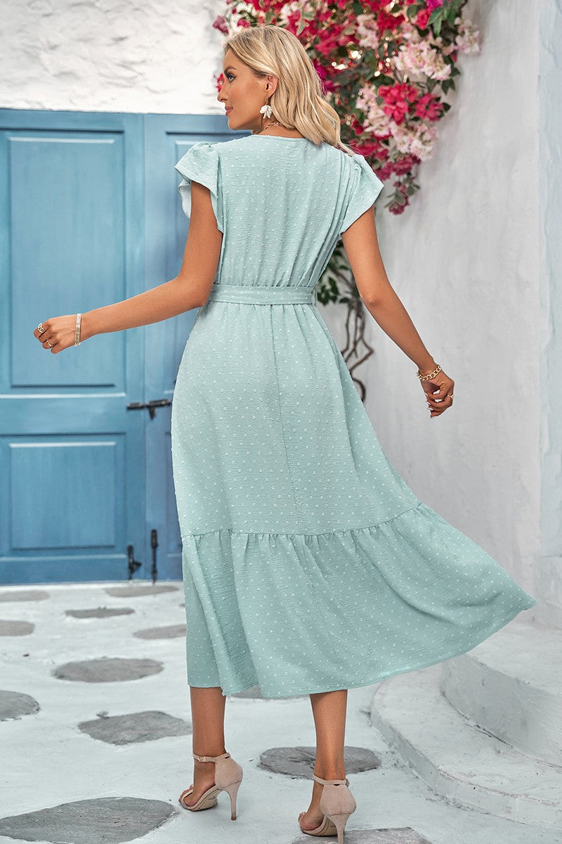 Textured Dotted Lace Trim Ruffled Hem Midi Dress